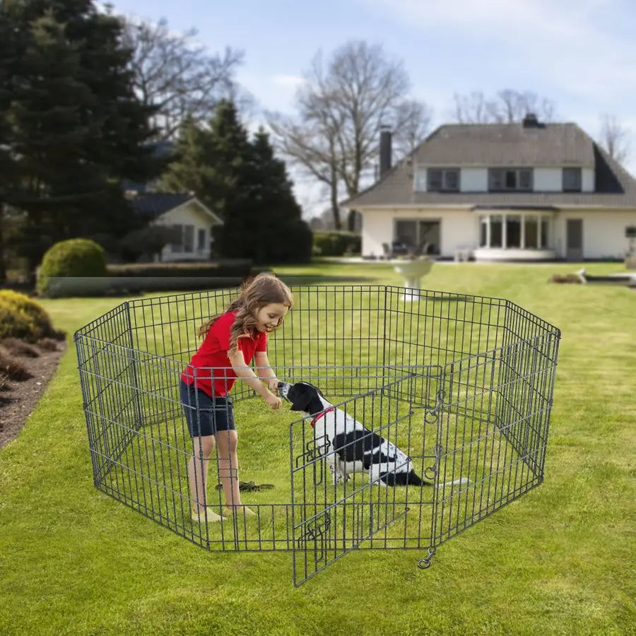 Foldable Silver Metal Dog Exercise Playpen Gate Fence Dog Crate 8 Panels 30 Inch Height Puppy Kennels with Top Cover for Animals