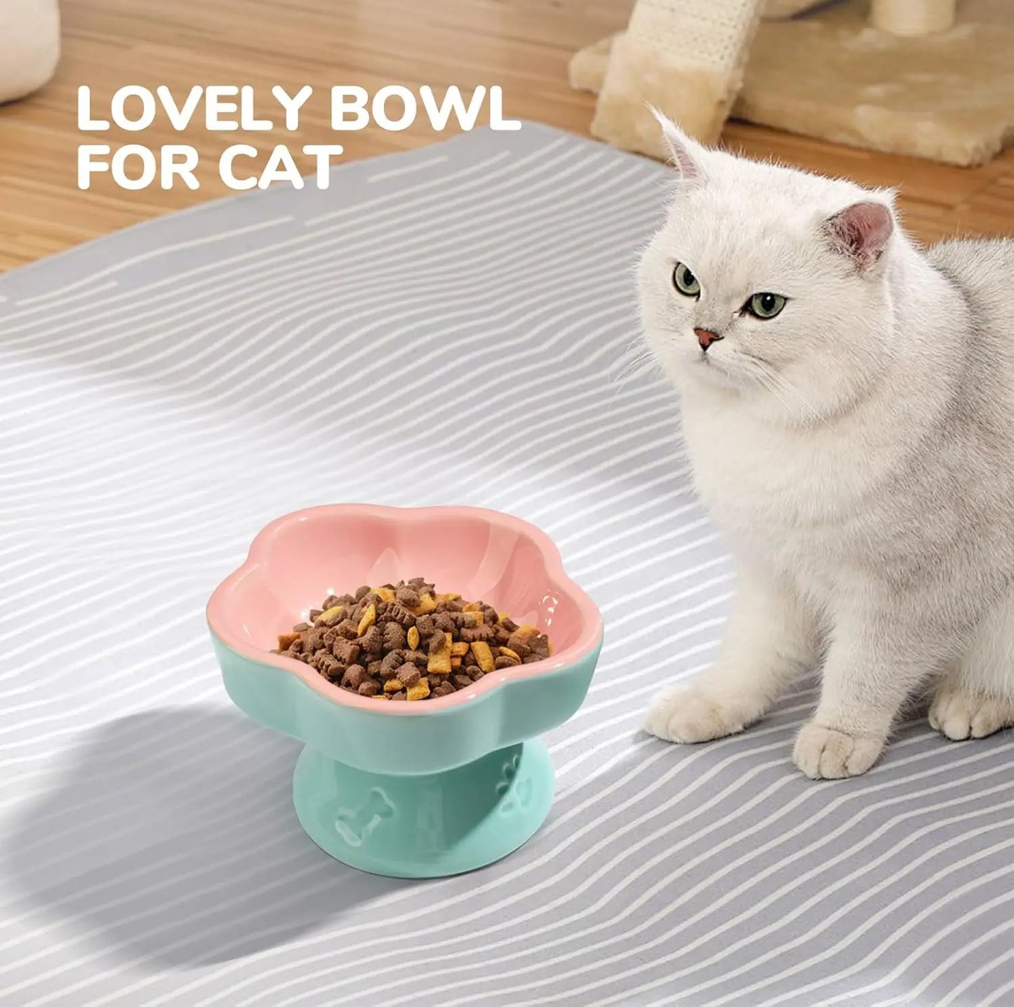 Elevated Ceramic Cat Bowl with Tilt, Anti-Vomit & Whisker-Friendly, Microwave Safe in Pink 5.8"