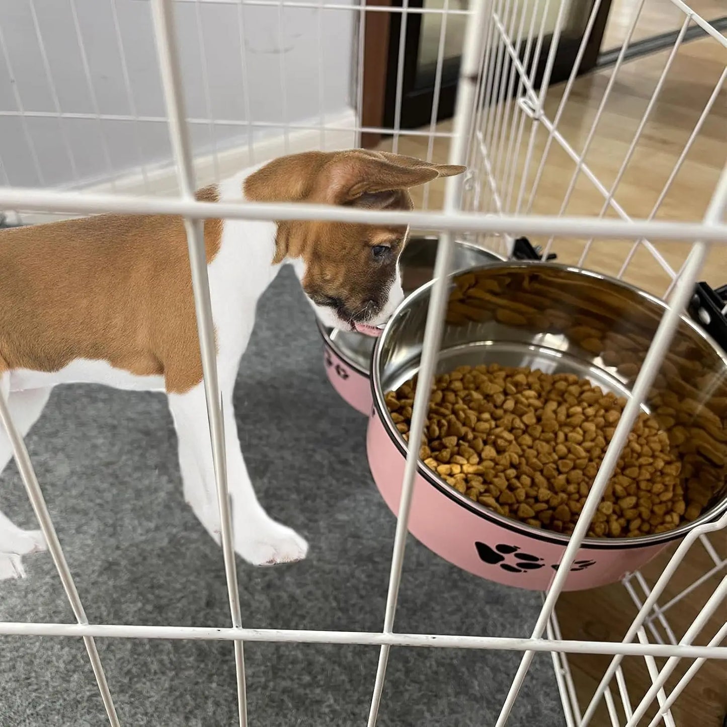 Removable Pet Crate Bowls, No-Spill Food & Water Dish with Holder for Dogs Cats (Pink, 2 Sizes)