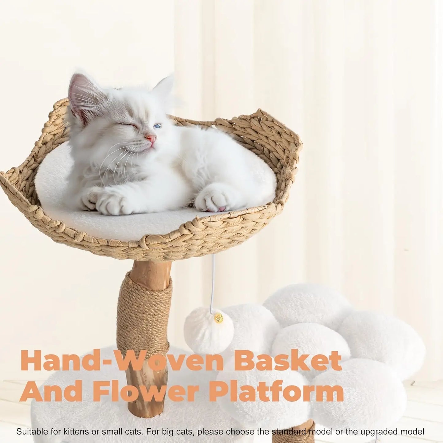 Modern Wood Cat Tree Tower for Small Cats with Scratching Posts and Flower Platforms, White Luxury Cat Condo Furniture