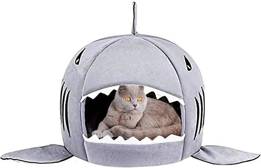 Shark-Shaped Cat Bed: Cozy Cave & Mat for Small Pets, Light Grey