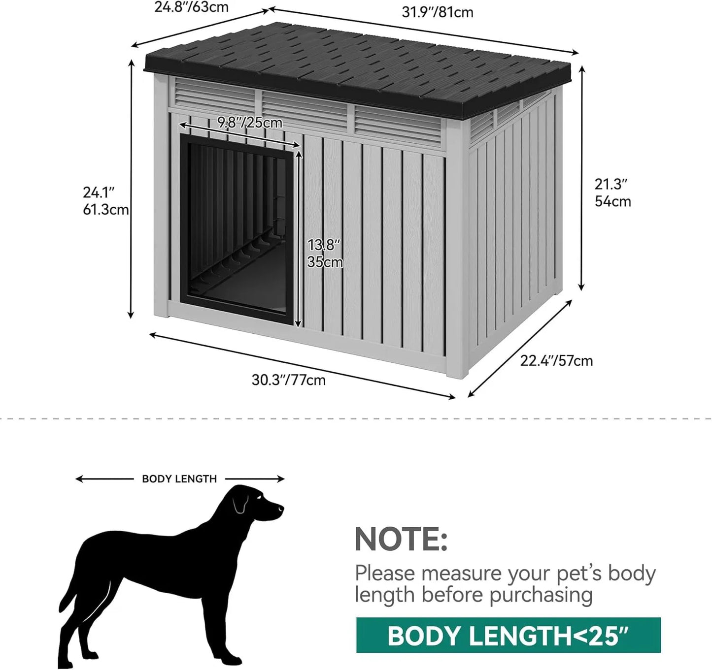 Gray Plastic Dog House with Liftable Roof Outdoor Indoor Dog Kennel w/ Air Vents