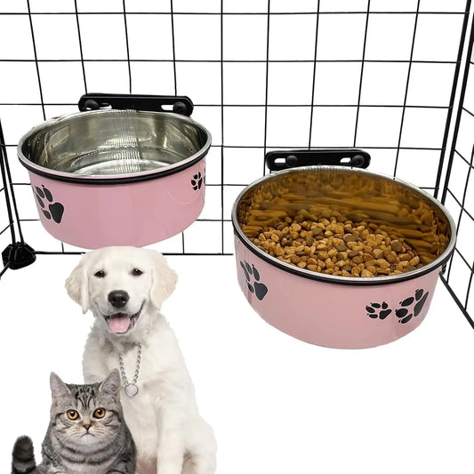 Removable Pet Crate Bowls, No-Spill Food & Water Dish with Holder for Dogs Cats (Pink, 2 Sizes)