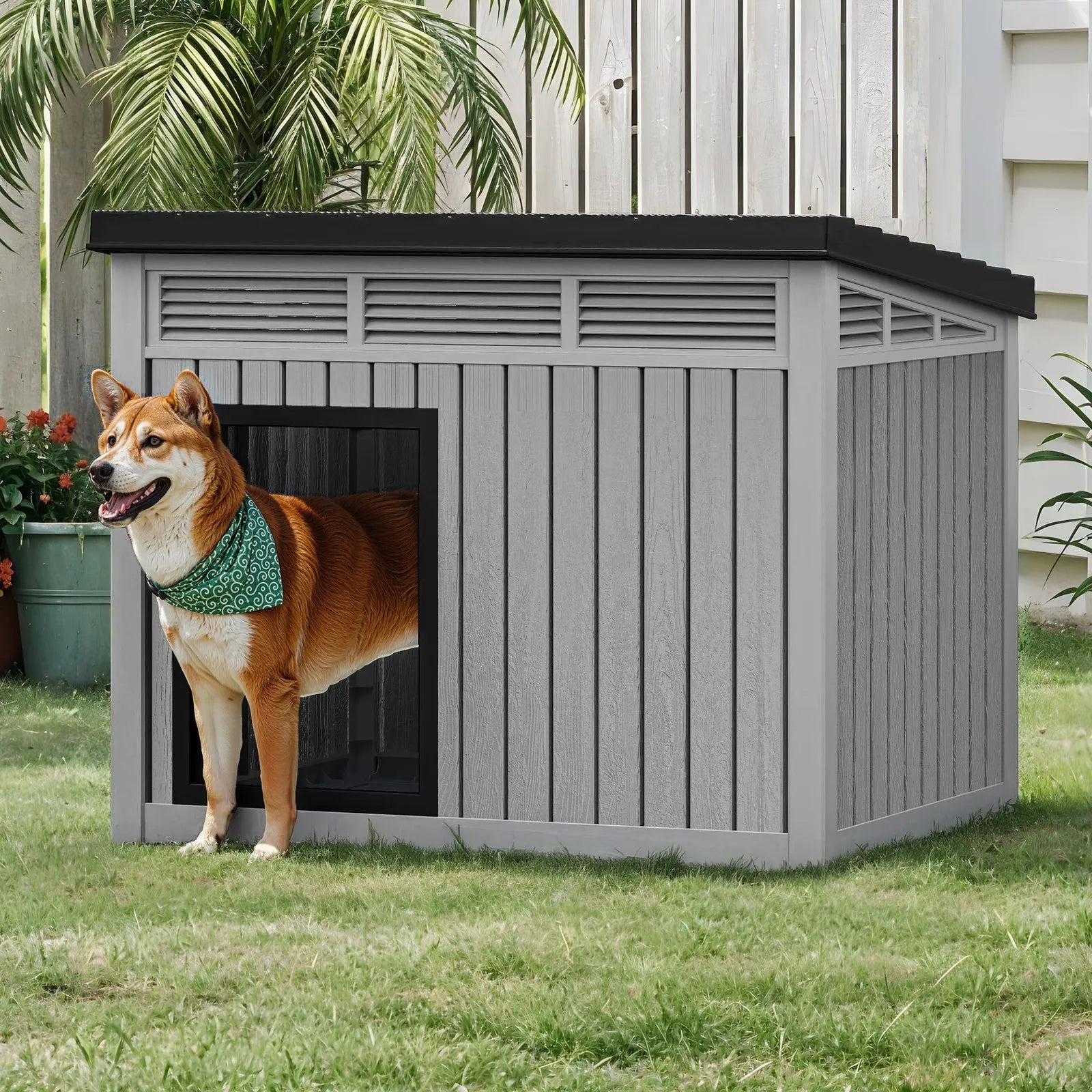 Plactic Dig Gray Plastic Dog House with Liftable Roof Outdoor Indoor Dog Kennel w ...