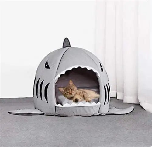 Shark-Shaped Cat Bed: Cozy Cave & Mat for Small Pets, Light Grey