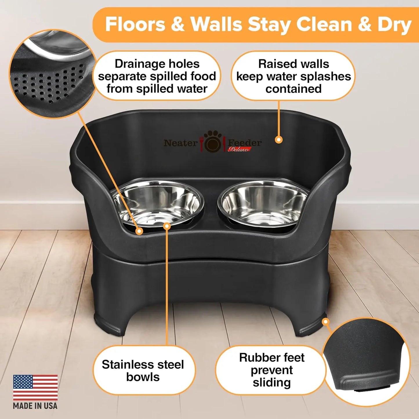 Elevated No-Spill Dog Bowl Set for Large Dogs Over 40 lbs, Made in USA, Dishwasher Safe