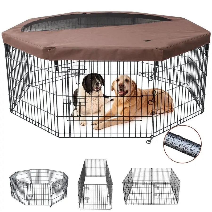 Foldable Silver Metal Dog Exercise Playpen Gate Fence Dog Crate 8 Panels 30 Inch Height Puppy Kennels with Top Cover for Animals