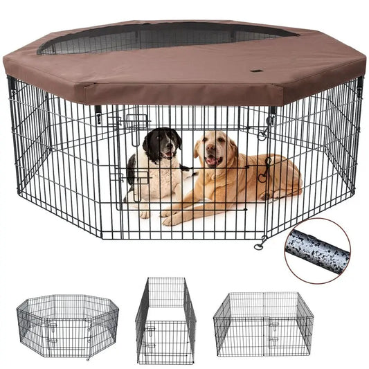 Foldable Silver Metal Dog Exercise Playpen Gate Fence Dog Crate 8 Panels 30 Inch Height Puppy Kennels with Top Cover for Animals
