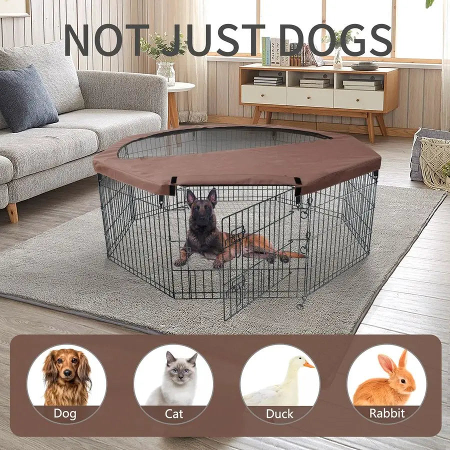 Foldable Silver Metal Dog Exercise Playpen Gate Fence Dog Crate 8 Panels 30 Inch Height Puppy Kennels with Top Cover for Animals