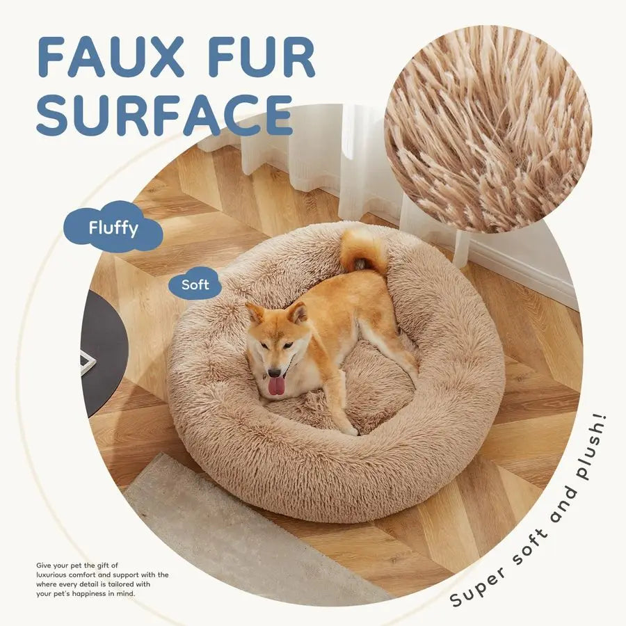 37.4x37.4 Inch Calming Donut Dog Beds for Large Dogs, Machine Washable Cuddler Warming Cozy Fluffy Faux Fur Plush Round Pet Bed,