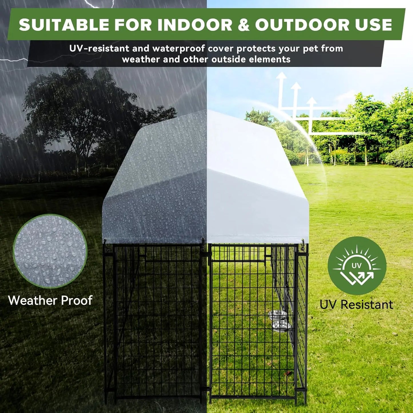 4x4x6FT Heavy Duty Outdoor Dog Kennel with Waterproof Roof, Secure Lock, and Rotating Bowls for Large Dogs