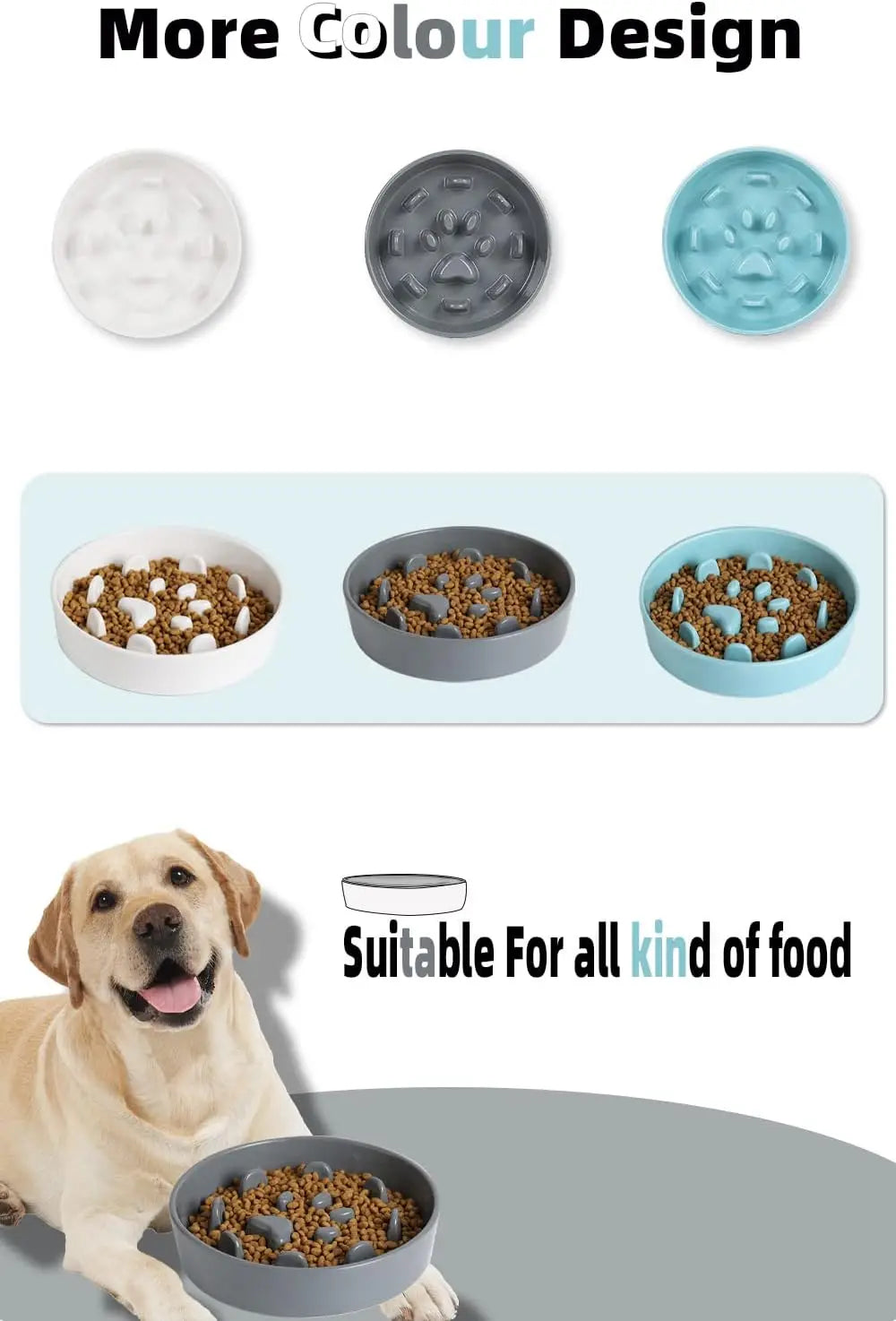 Ceramic Slow Feeder Bowl for Medium Dogs, Grey Porcelain Eater Dish Promotes Healthy Eating