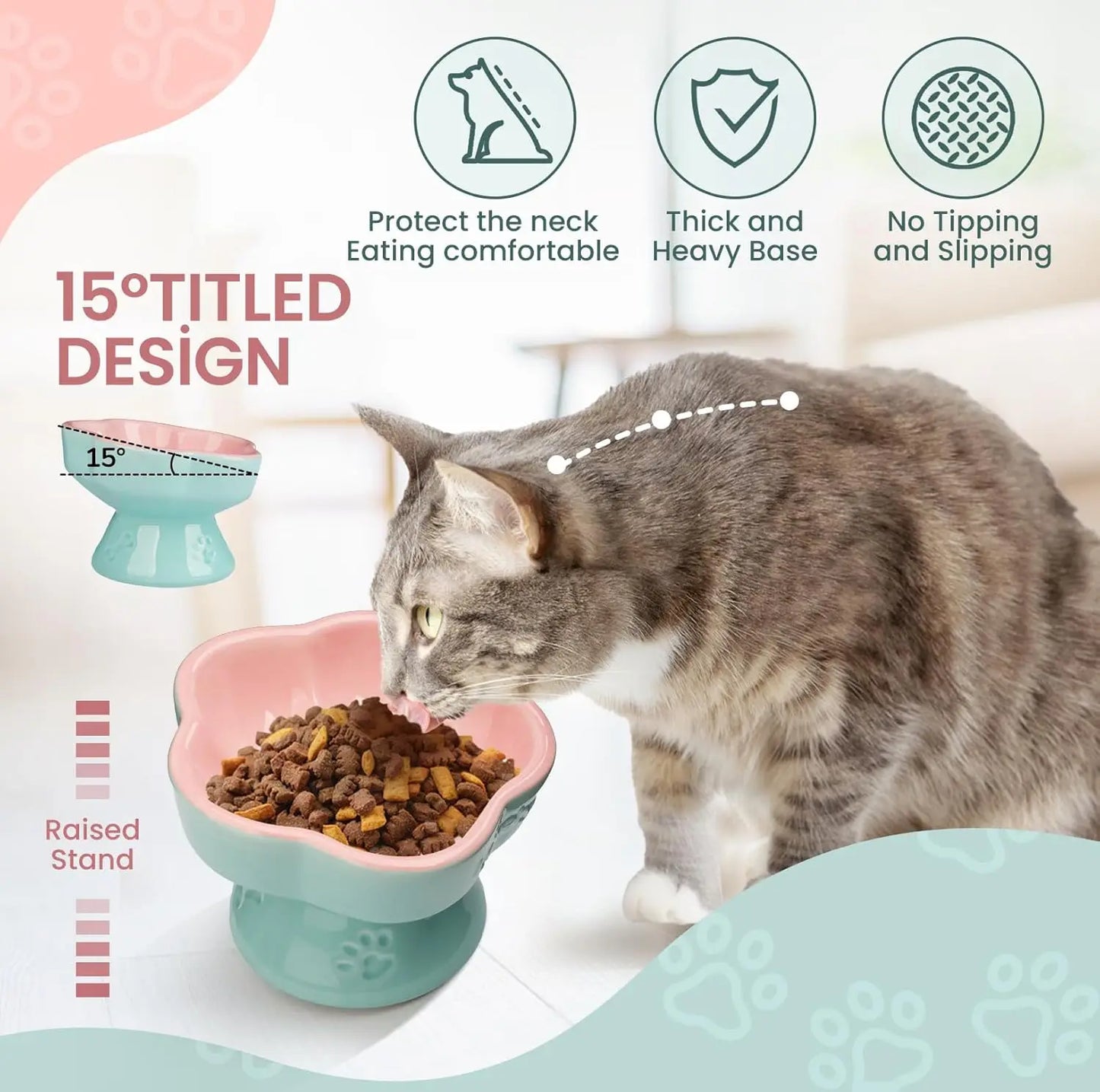 Elevated Ceramic Cat Bowl with Tilt, Anti-Vomit & Whisker-Friendly, Microwave Safe in Pink 5.8"