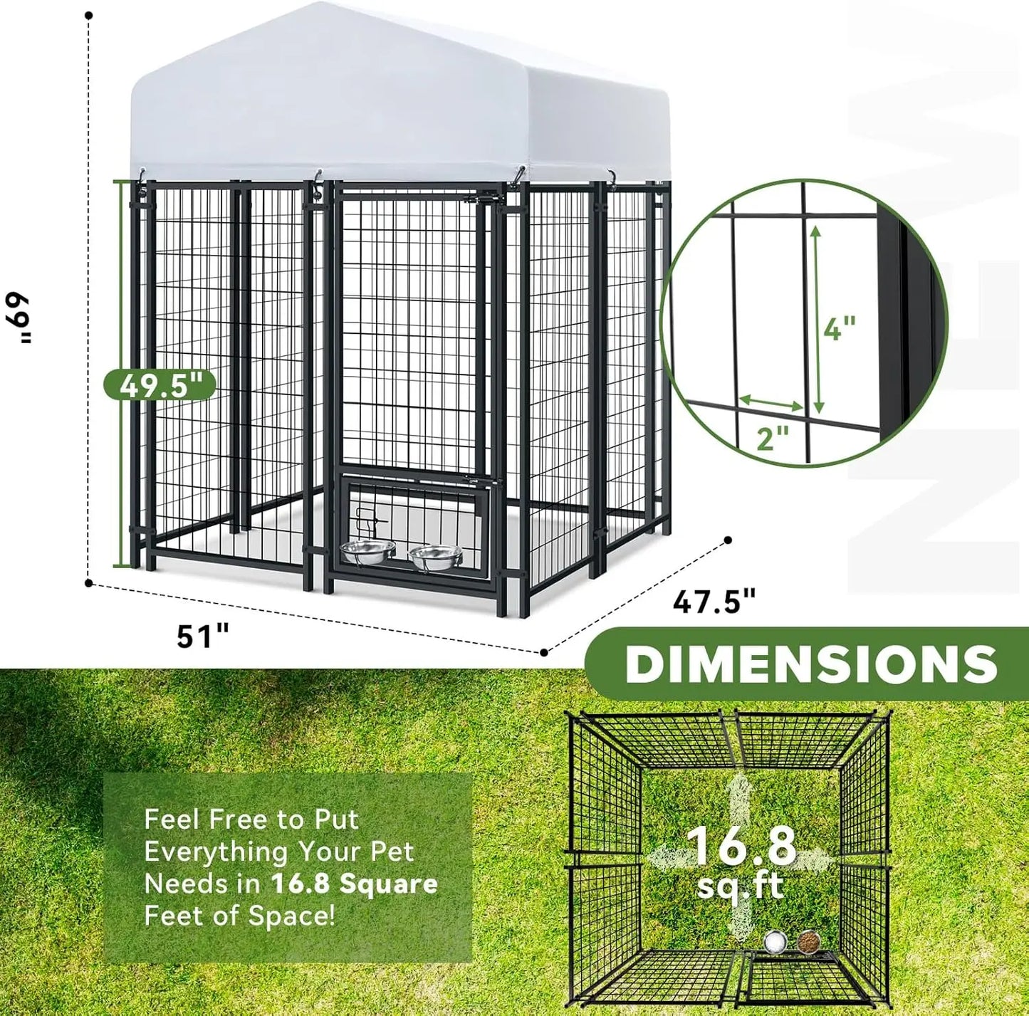 4x4x6FT Heavy Duty Outdoor Dog Kennel with Waterproof Roof, Secure Lock, and Rotating Bowls for Large Dogs
