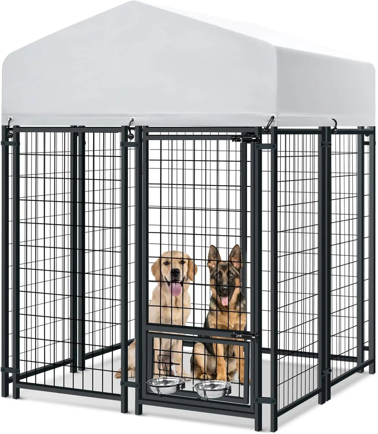 4x4x6FT Heavy Duty Outdoor Dog Kennel with Waterproof Roof, Secure Lock, and Rotating Bowls for Large Dogs