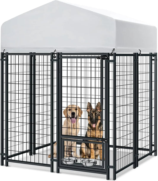 4x4x6FT Heavy Duty Outdoor Dog Kennel with Waterproof Roof, Secure Lock, and Rotating Bowls for Large Dogs