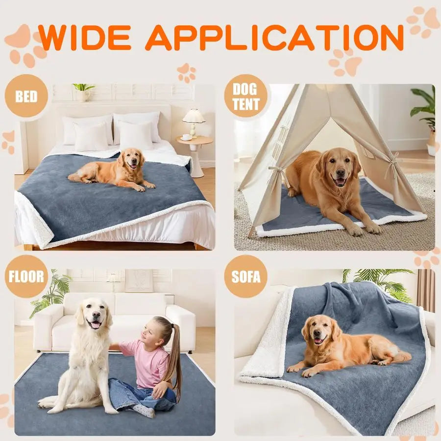 Waterproof Blanket Throw for Large Dogs, Soft Reversible Dog Blanket for Sofa Couch Bed, Washable Leakproof Sherpa Fleece Furnit