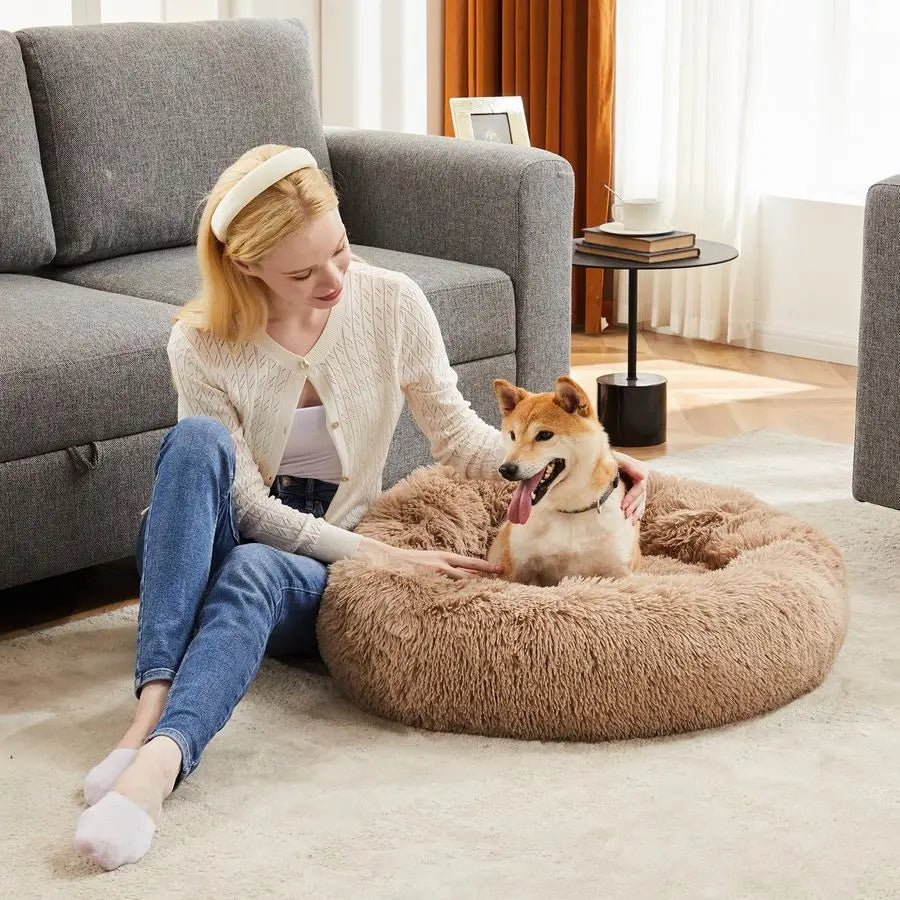 37.4x37.4 Inch Calming Donut Dog Beds for Large Dogs, Machine Washable Cuddler Warming Cozy Fluffy Faux Fur Plush Round Pet Bed,