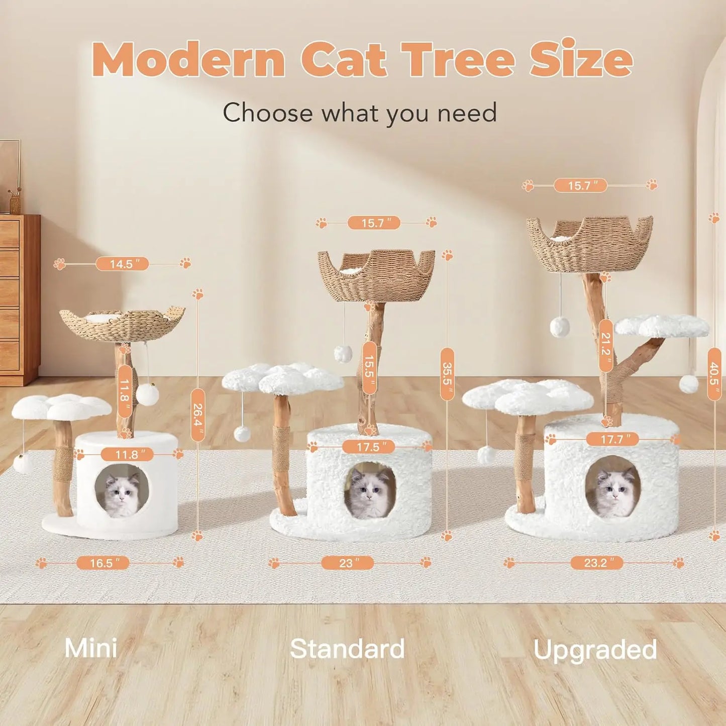 Modern Wood Cat Tree Tower for Small Cats with Scratching Posts and Flower Platforms, White Luxury Cat Condo Furniture