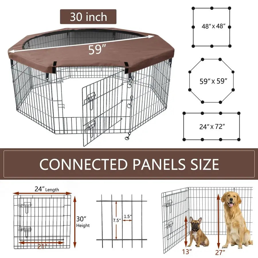 Foldable Silver Metal Dog Exercise Playpen Gate Fence Dog Crate 8 Panels 30 Inch Height Puppy Kennels with Top Cover for Animals