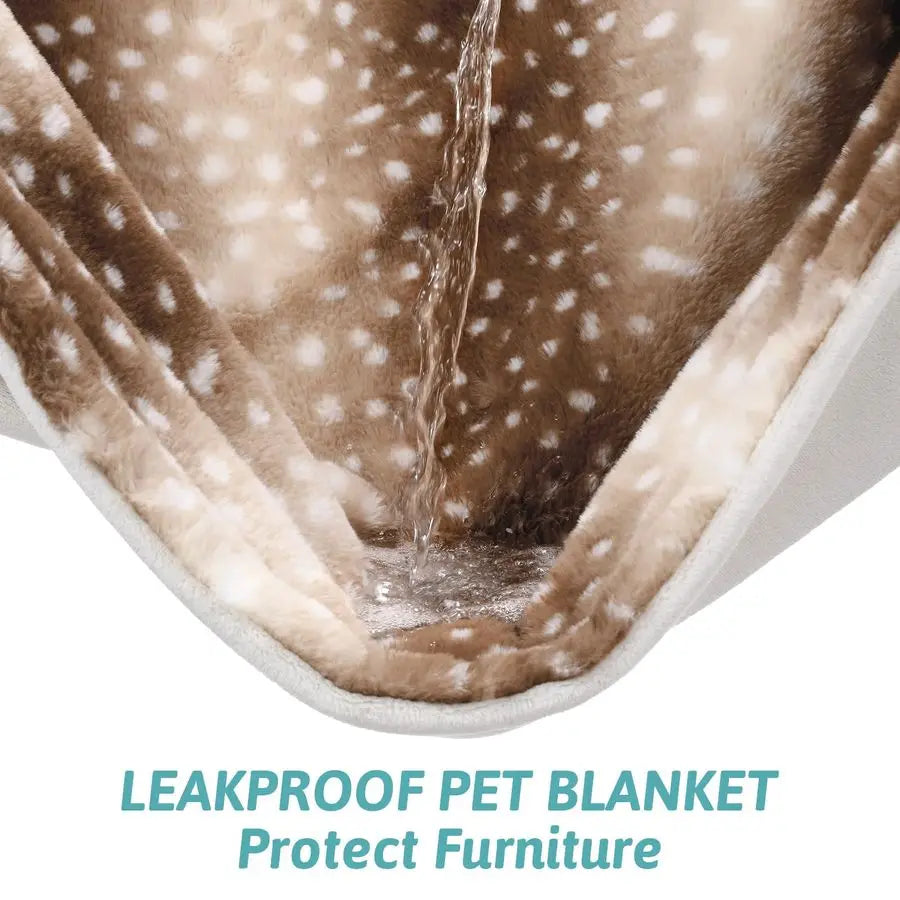 Faux Fur Blanket Deer Print, Waterproof Pet Blanket Washable, Woman Sofa Bed Couch Throw, Liquid Pee Proof for Large Dog or Cat,