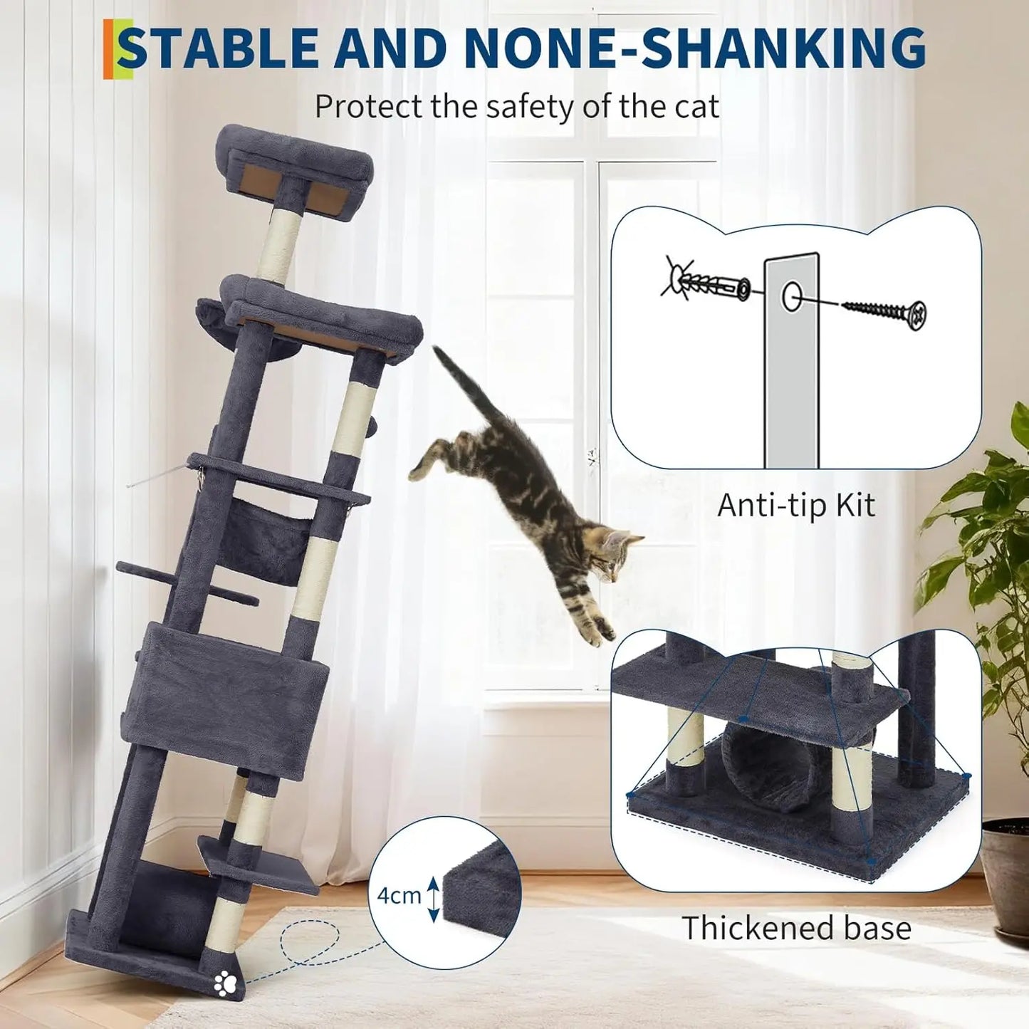 Cat Tree Tower, Cat Tree for Indoor Cats, 188 cm Large Tall Cat Tower, Multilevel Cat Climbing House with Condos, Scratching Pos