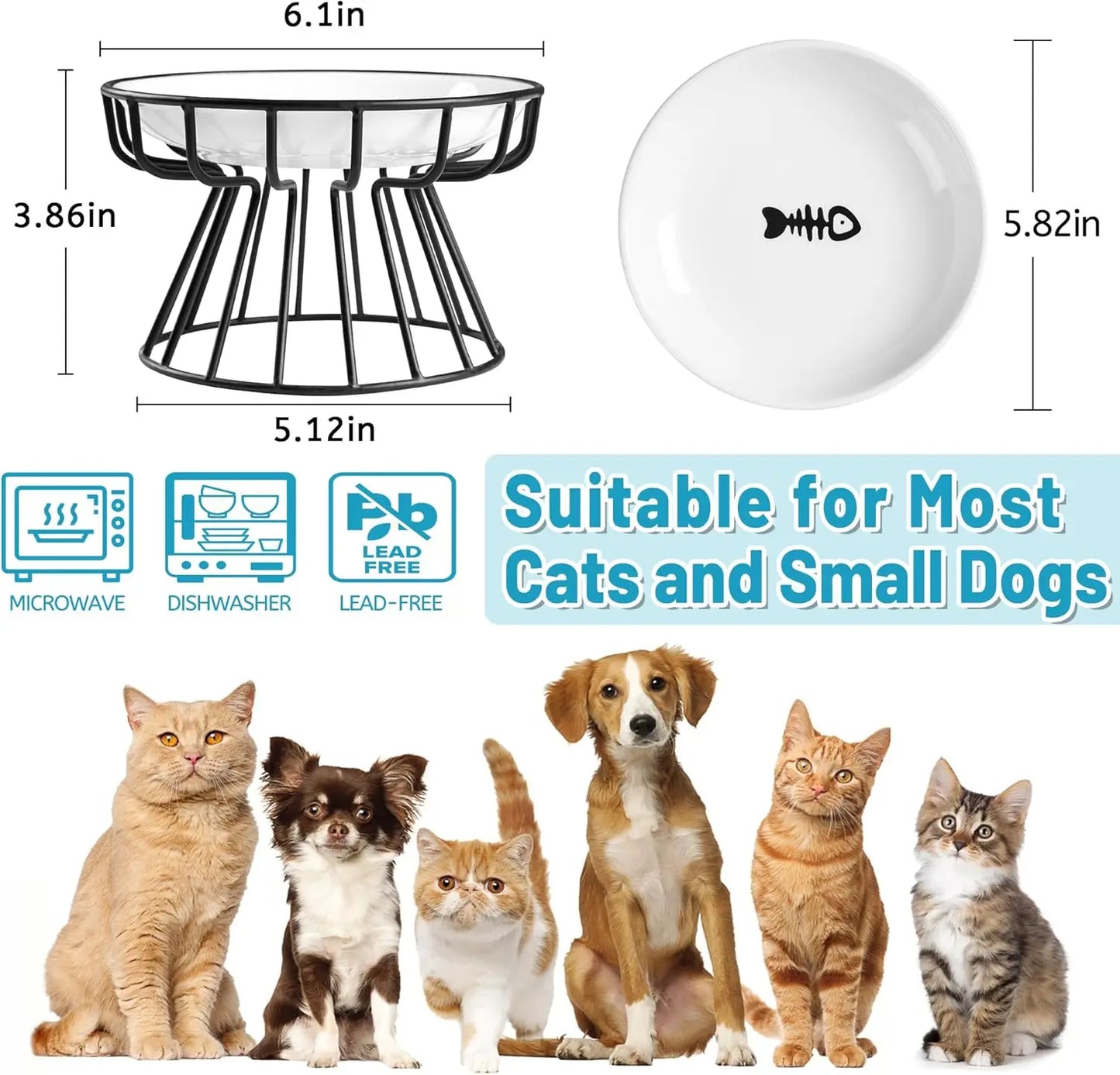 Elevated Ceramic Pet Bowl with Metal Stand, Dishwasher Safe for Cats and Small Dogs