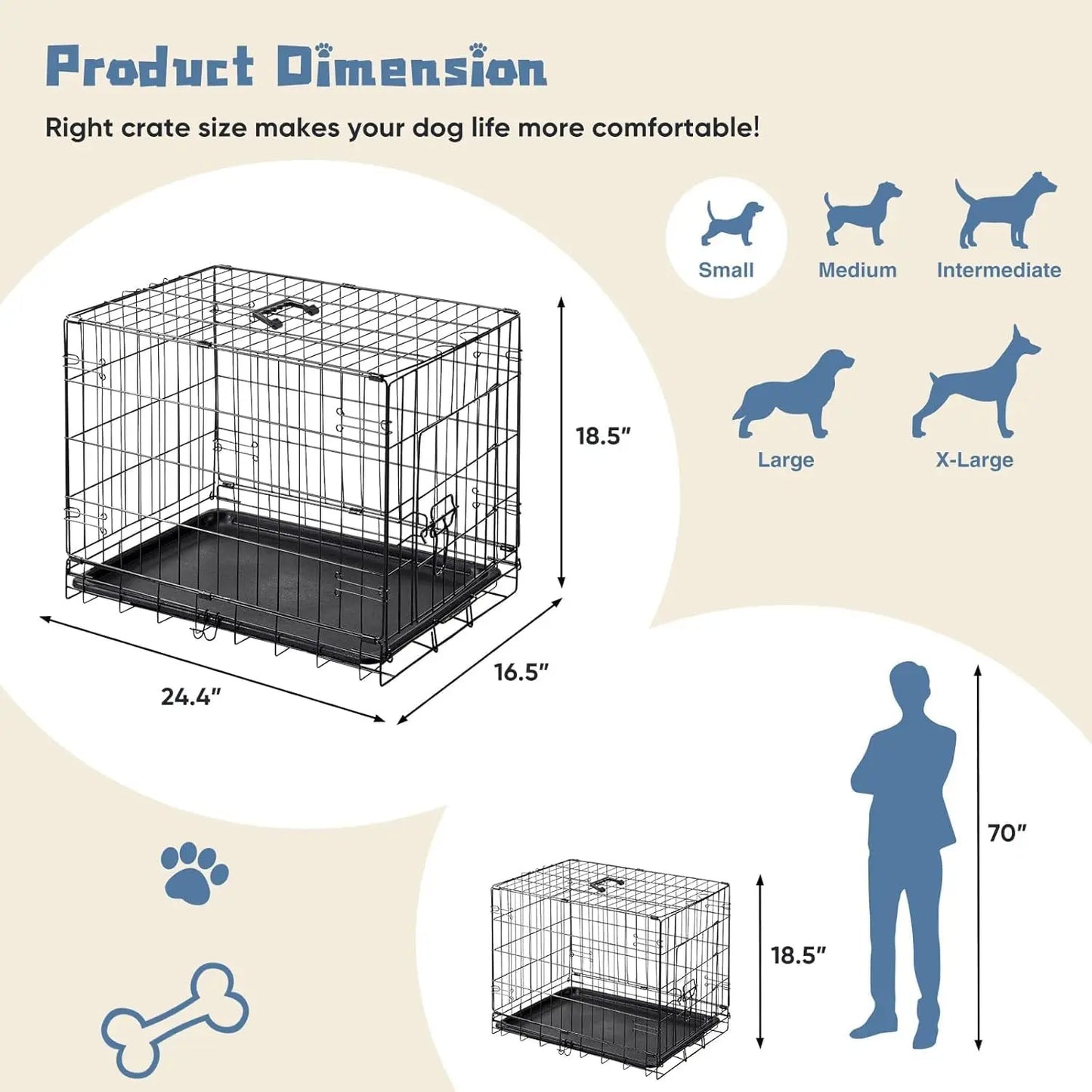 24 Inch Small Single Door Dog Cage with Leak-Proof Pan Tray, Folding Metal Wire Pet Kennel for Indoor, Outdoor, Travel