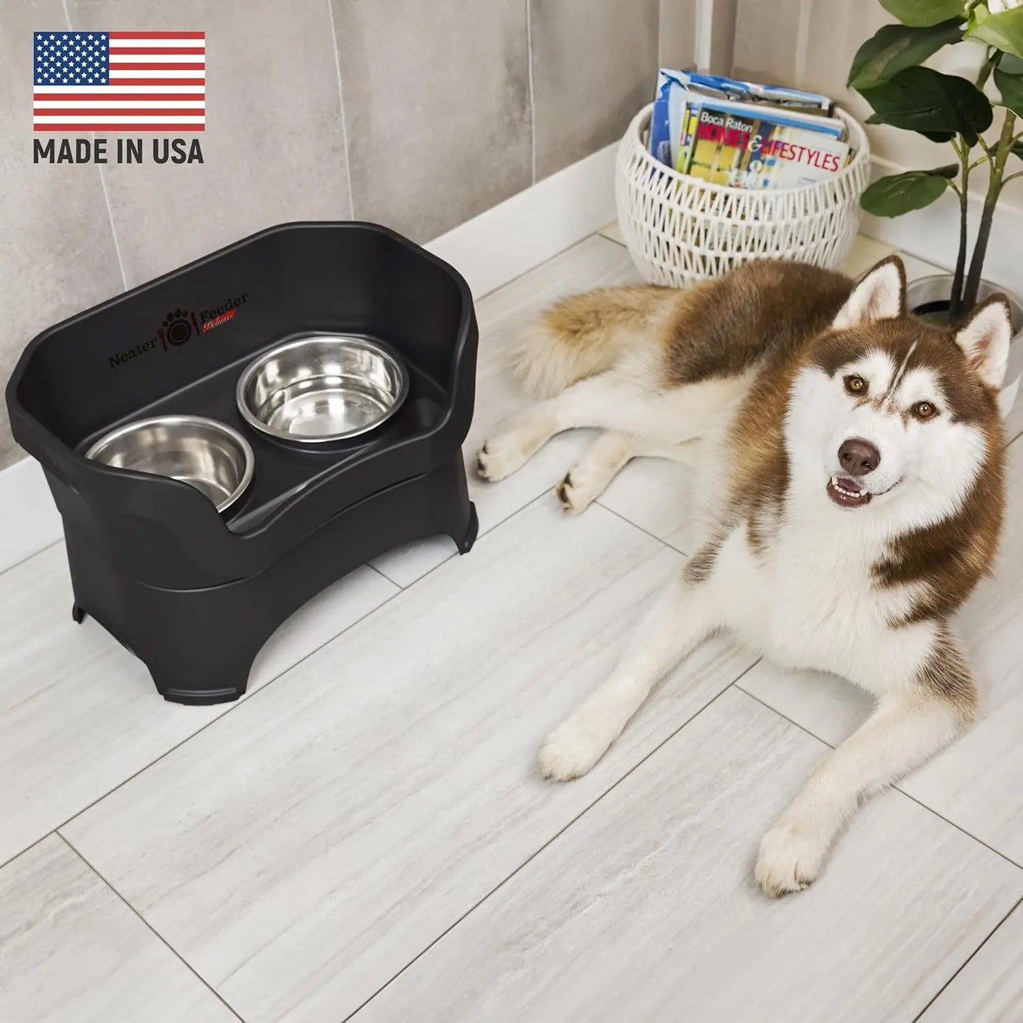 Elevated No-Spill Dog Bowl Set for Large Dogs Over 40 lbs, Made in USA, Dishwasher Safe