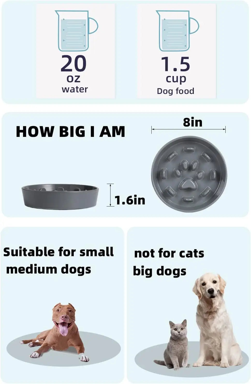 Ceramic Slow Feeder Bowl for Medium Dogs, Grey Porcelain Eater Dish Promotes Healthy Eating