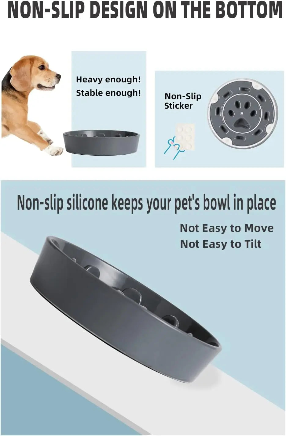 Ceramic Slow Feeder Bowl for Medium Dogs, Grey Porcelain Eater Dish Promotes Healthy Eating