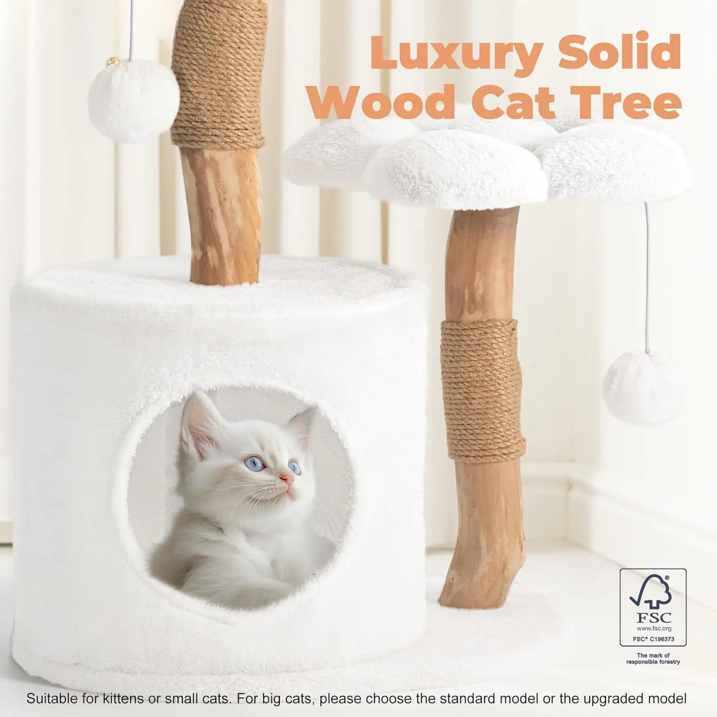Modern Wood Cat Tree Tower for Small Cats with Scratching Posts and Flower Platforms, White Luxury Cat Condo Furniture