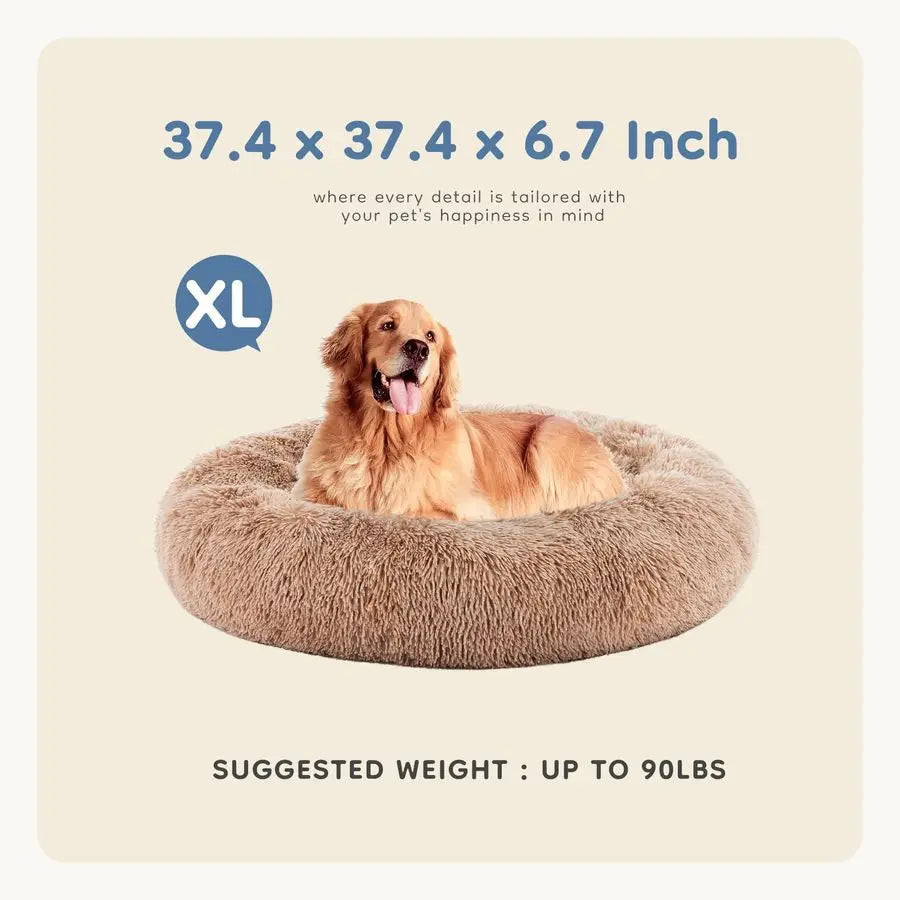 37.4x37.4 Inch Calming Donut Dog Beds for Large Dogs, Machine Washable Cuddler Warming Cozy Fluffy Faux Fur Plush Round Pet Bed,