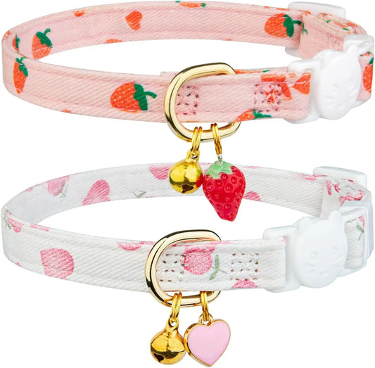 2 Pack Pink Strawberry Cat Collar with Bell, Adjustable Breakaway Safety Collar for Kittens