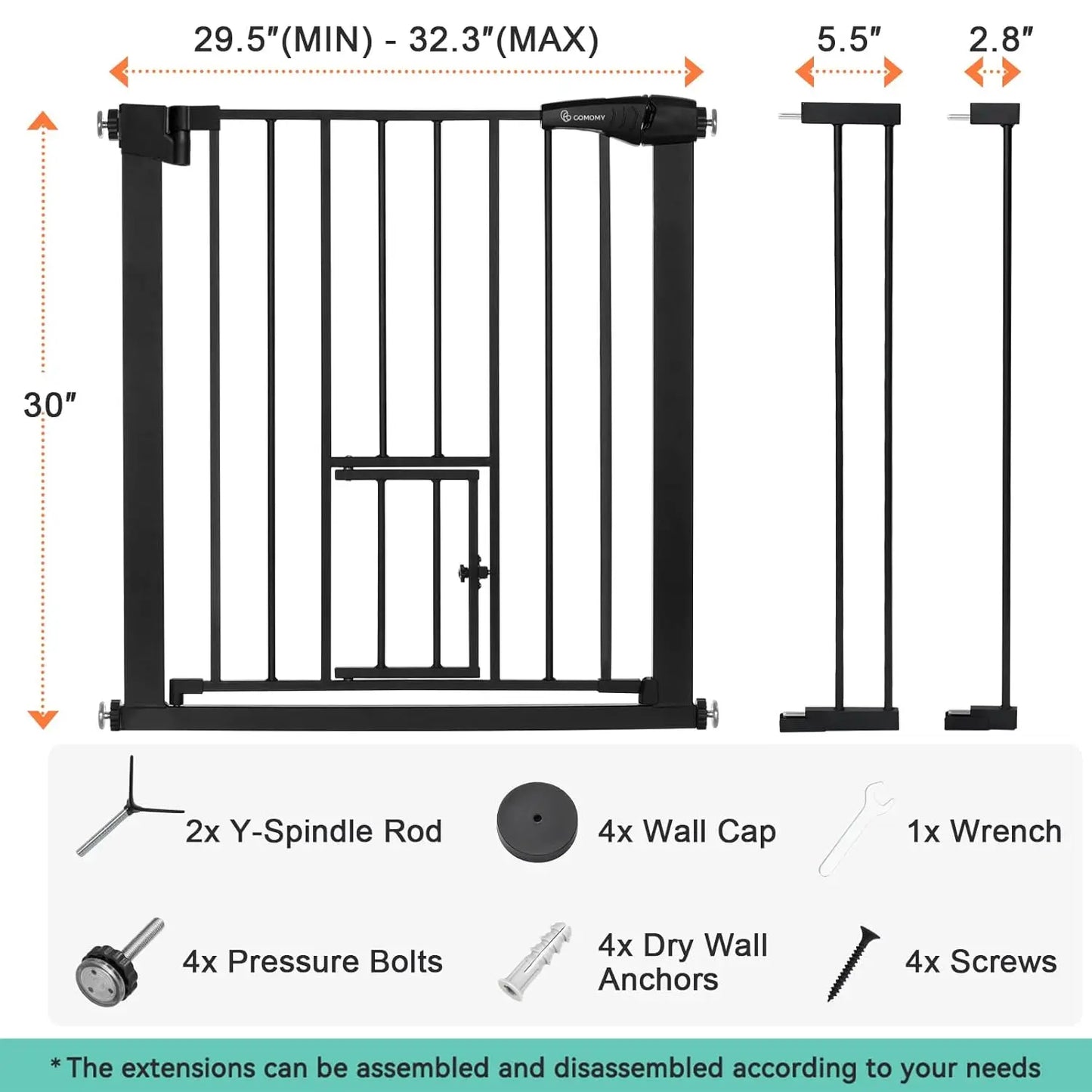 Auto-Close Baby Gate with Pet Door, Extra Wide 29.5-40.5 Inch Pressure Mounted Safety Gate for Doors and Stairs
