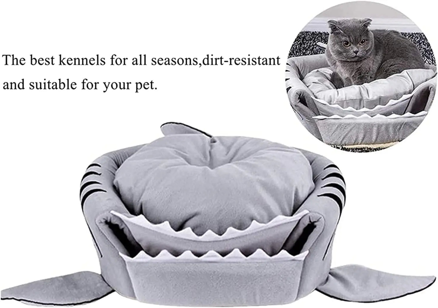 Shark-Shaped Cat Bed: Cozy Cave & Mat for Small Pets, Light Grey