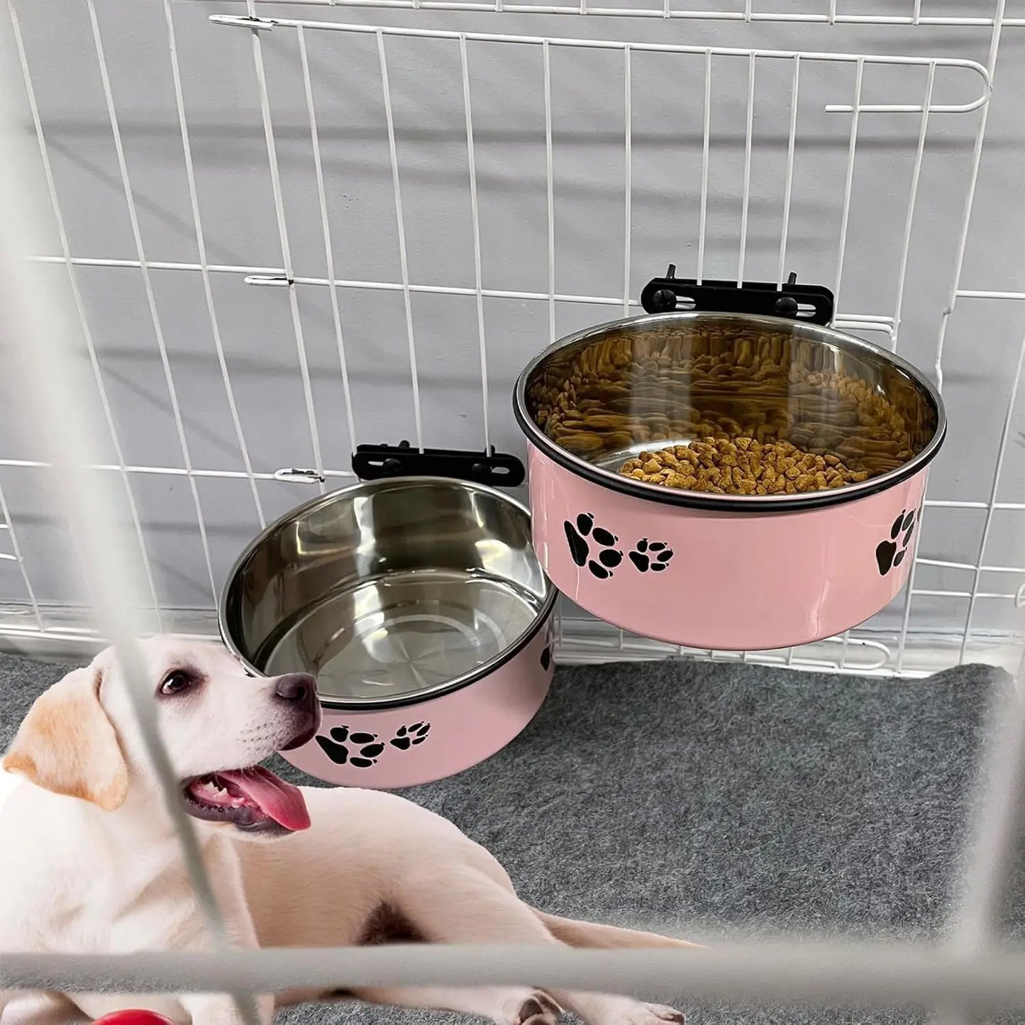 Removable Pet Crate Bowls, No-Spill Food & Water Dish with Holder for Dogs Cats (Pink, 2 Sizes)