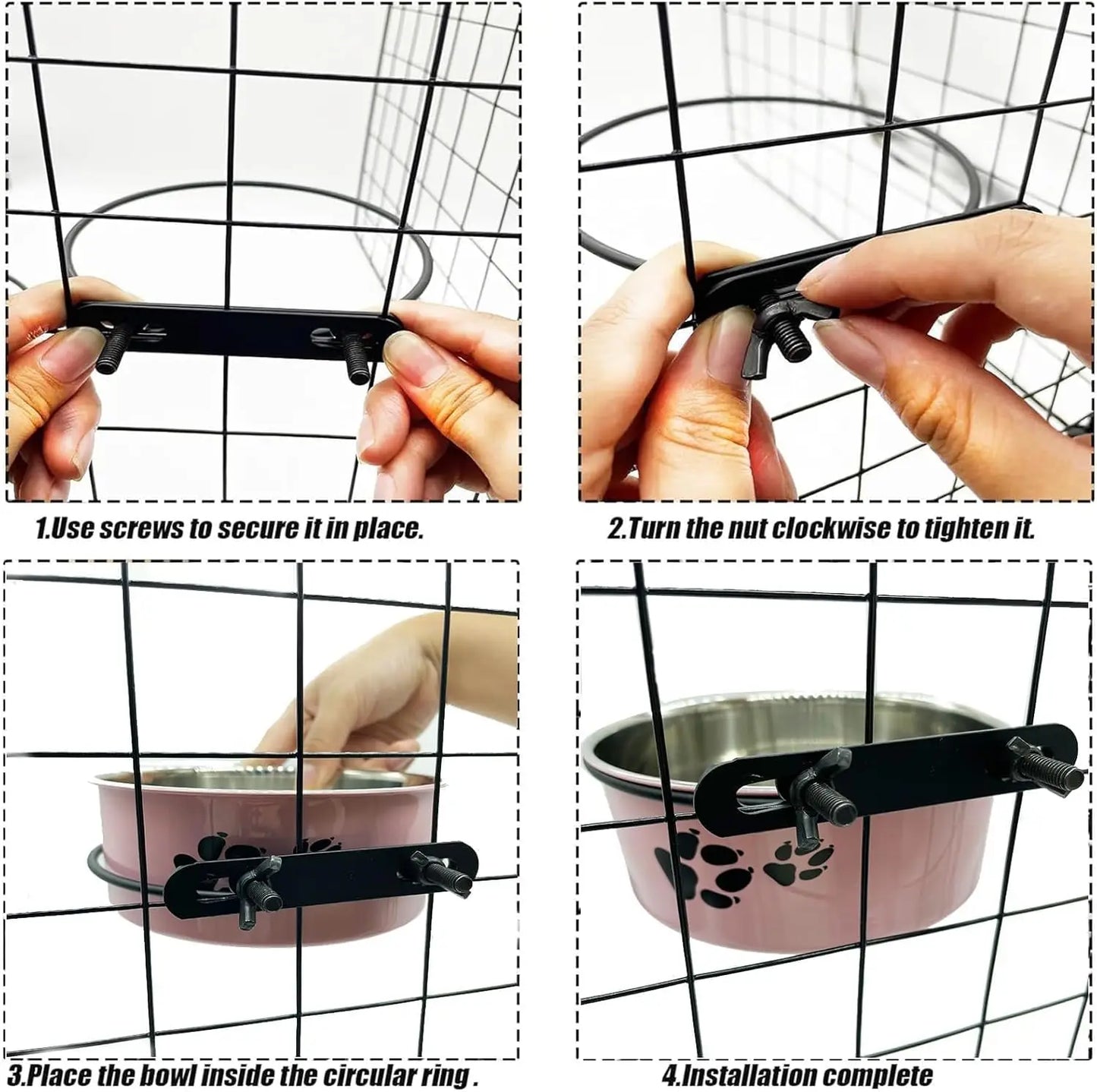 Removable Pet Crate Bowls, No-Spill Food & Water Dish with Holder for Dogs Cats (Pink, 2 Sizes)