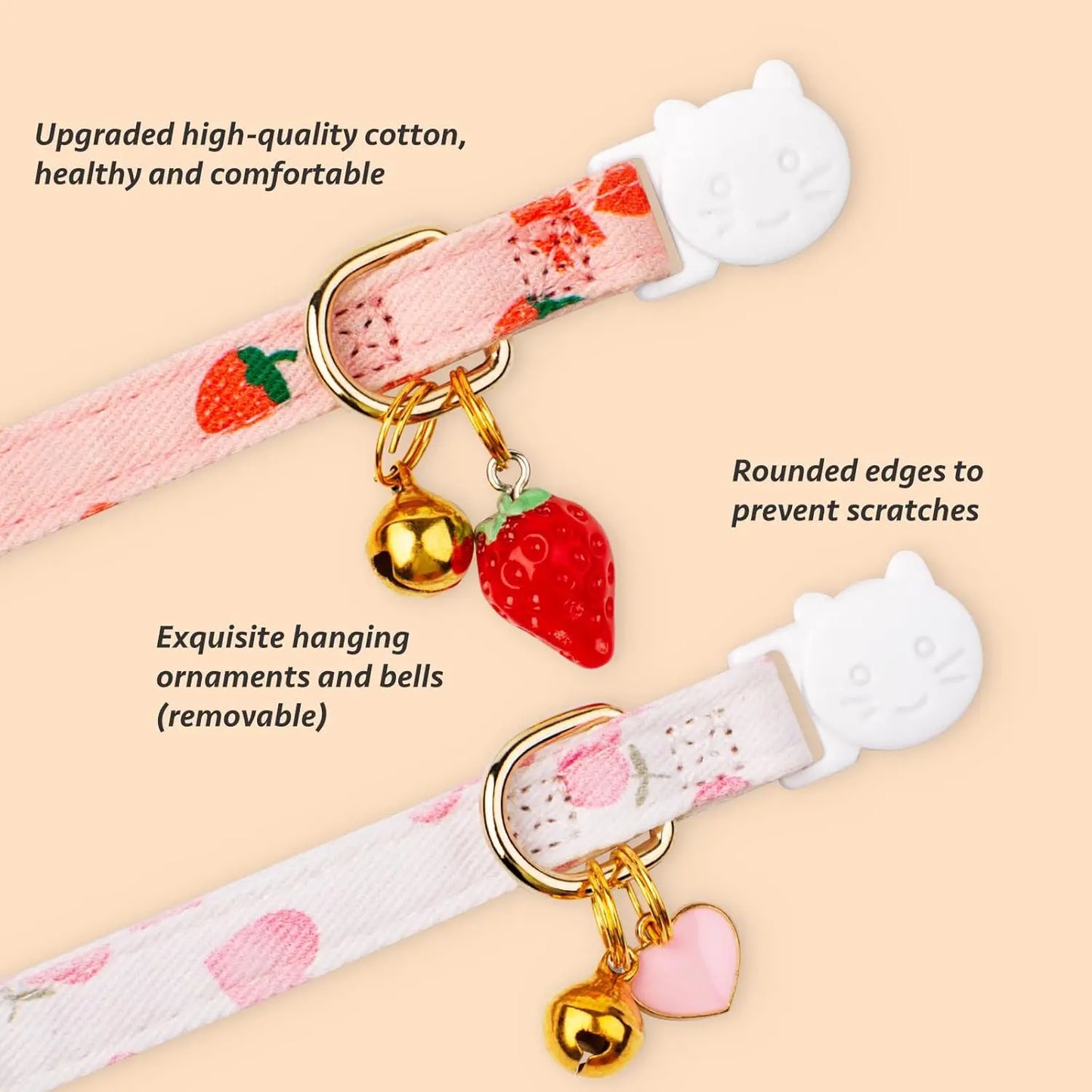 2 Pack Pink Strawberry Cat Collar with Bell, Adjustable Breakaway Safety Collar for Kittens