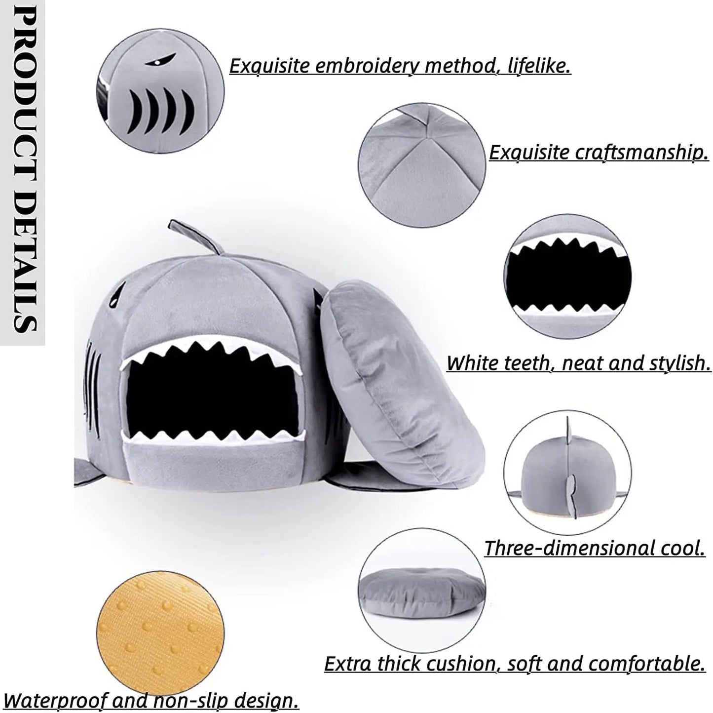 Shark-Shaped Cat Bed: Cozy Cave & Mat for Small Pets, Light Grey