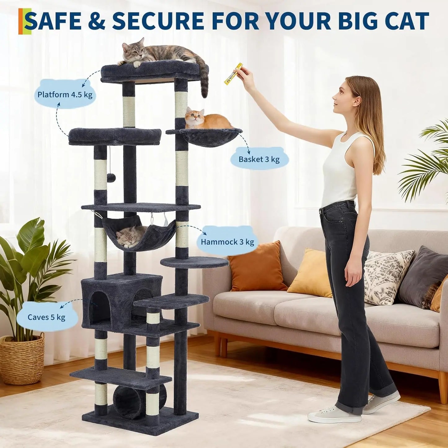 Cat Tree Tower, Cat Tree for Indoor Cats, 188 cm Large Tall Cat Tower, Multilevel Cat Climbing House with Condos, Scratching Pos