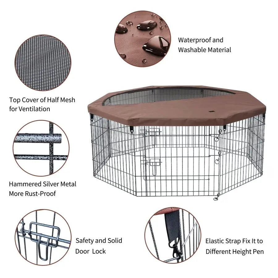 Foldable Silver Metal Dog Exercise Playpen Gate Fence Dog Crate 8 Panels 30 Inch Height Puppy Kennels with Top Cover for Animals