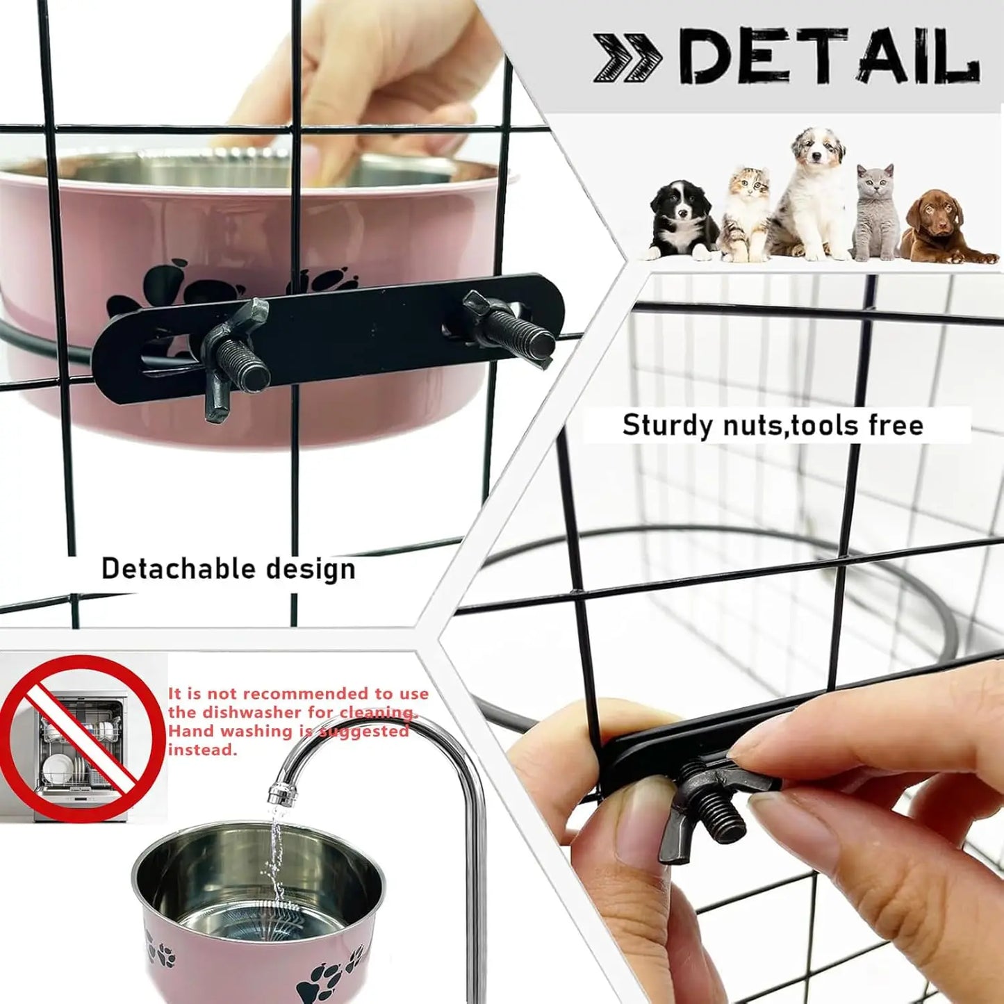 Removable Pet Crate Bowls, No-Spill Food & Water Dish with Holder for Dogs Cats (Pink, 2 Sizes)