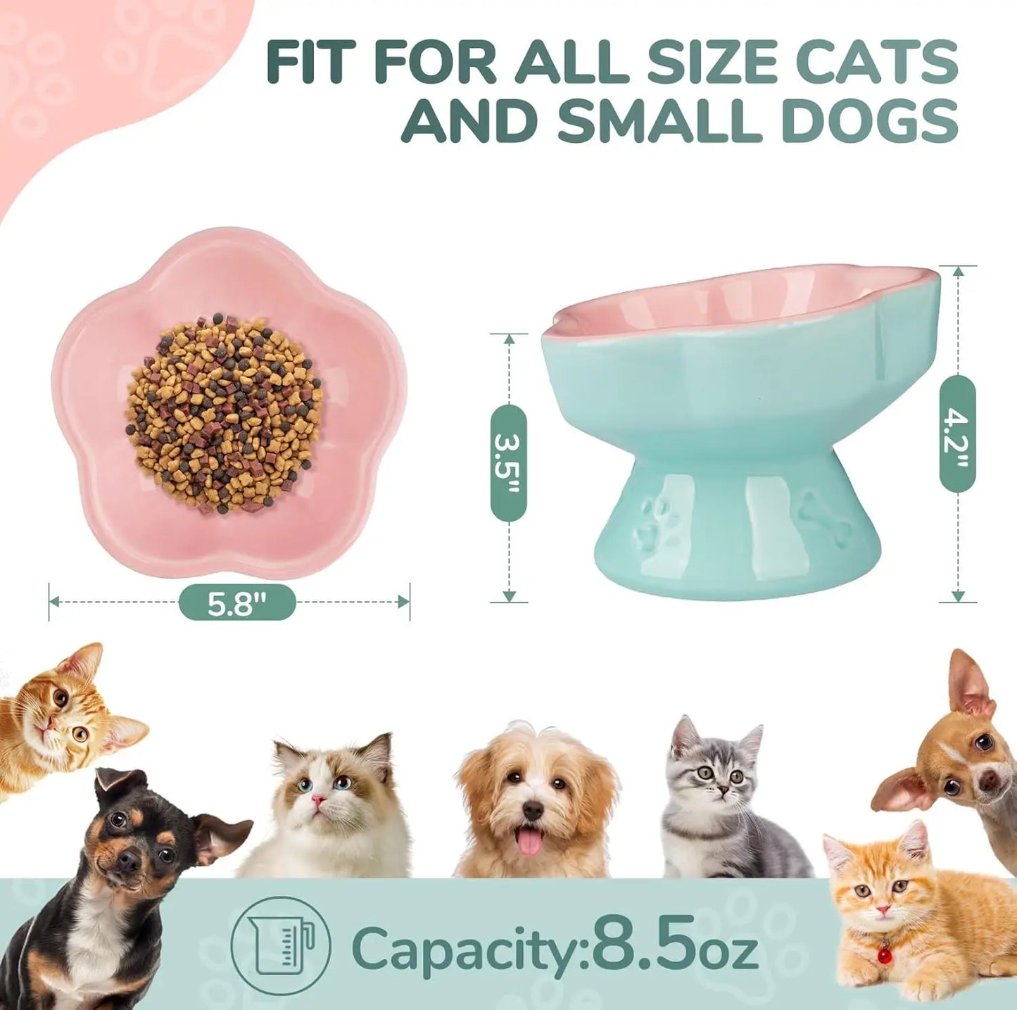 Elevated Ceramic Cat Bowl with Tilt, Anti-Vomit & Whisker-Friendly, Microwave Safe in Pink 5.8"