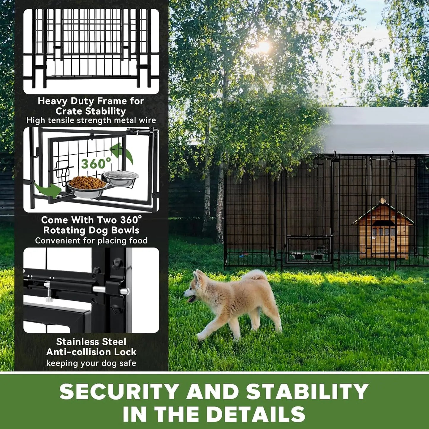 4x4x6FT Heavy Duty Outdoor Dog Kennel with Waterproof Roof, Secure Lock, and Rotating Bowls for Large Dogs