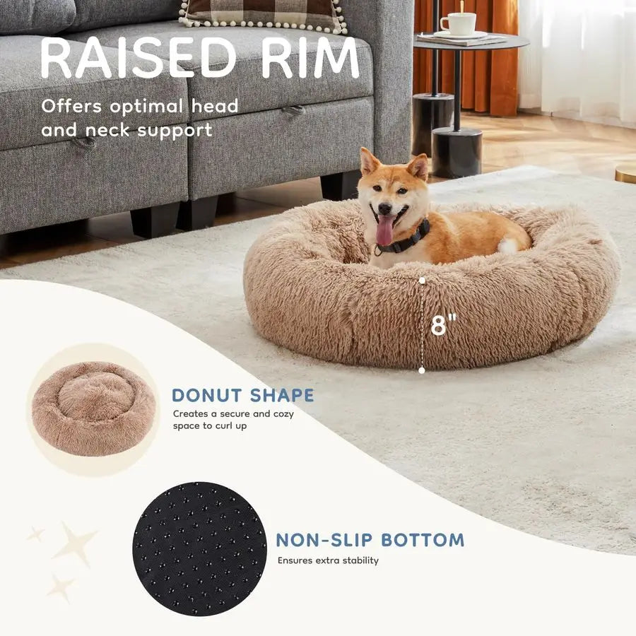 37.4x37.4 Inch Calming Donut Dog Beds for Large Dogs, Machine Washable Cuddler Warming Cozy Fluffy Faux Fur Plush Round Pet Bed,