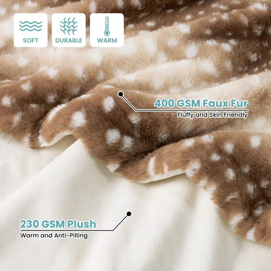 Faux Fur Blanket Deer Print, Waterproof Pet Blanket Washable, Woman Sofa Bed Couch Throw, Liquid Pee Proof for Large Dog or Cat,