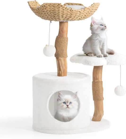 Modern Wood Cat Tree Tower for Small Cats with Scratching Posts and Flower Platforms, White Luxury Cat Condo Furniture