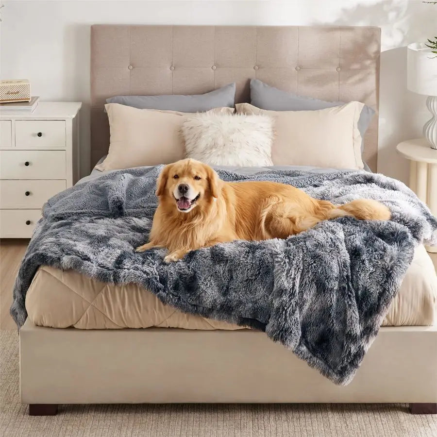 Waterproof Dog Blankets for Large Dogs Cat Blanket for Bed Couch Protector Washable Long Faux Fur, Calming Soft Reversible Throw