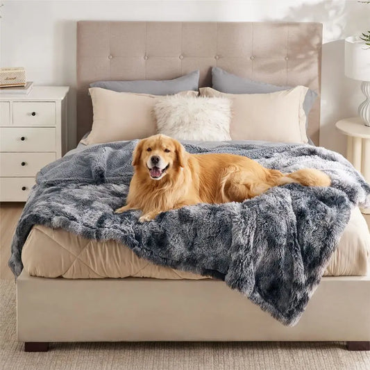 Waterproof Dog Blankets for Large Dogs Cat Blanket for Bed Couch Protector Washable Long Faux Fur, Calming Soft Reversible Throw